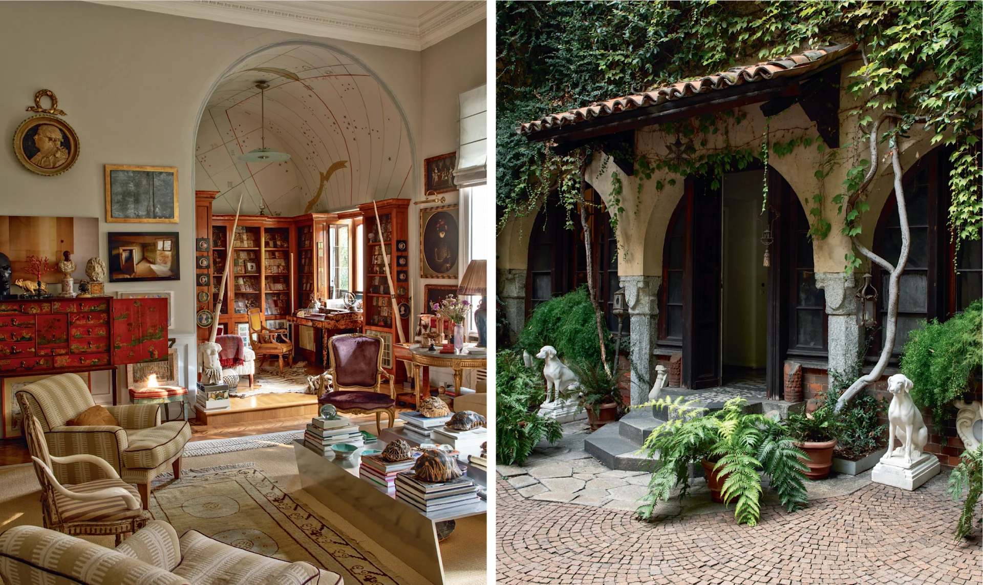 Bright living room filled with vintage furniture, books, and artwork, featuring an arched doorway leading to another room and a ceiling painted with a delicate mural.Lush courtyard with climbing plants, potted greenery, and a covered veranda supported by columns, creating a tranquil outdoor space.
