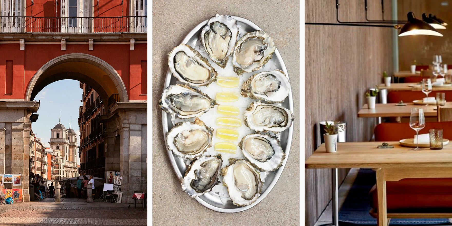 Plaza Mayor, Oysters from Ostras Pedrín, and the interior of the Desde 1911 seafood restaurant in Madrid.