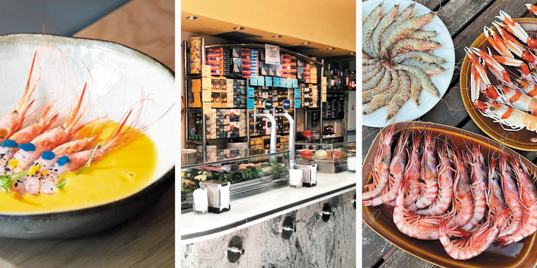 A seafood plate featuring prawns from desde, the bar interior of the restaurant Fide, and fresh seafood from the bar el boquerón.