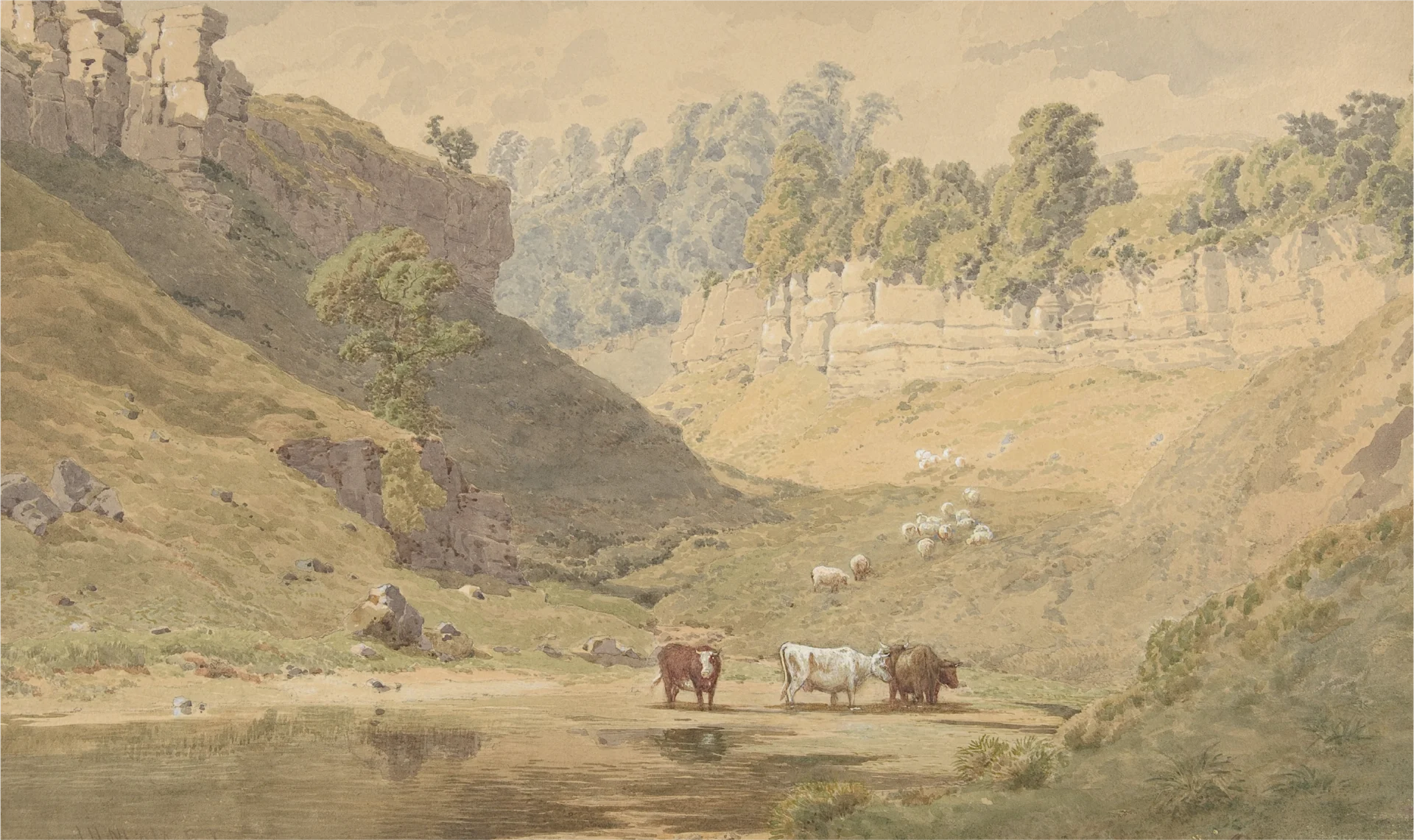 Nineteenth-century pastoral painting showing cattle gathered at a small watering hole in a broad valley, framed by gentle hills and a cloudy Yorkshire sky.