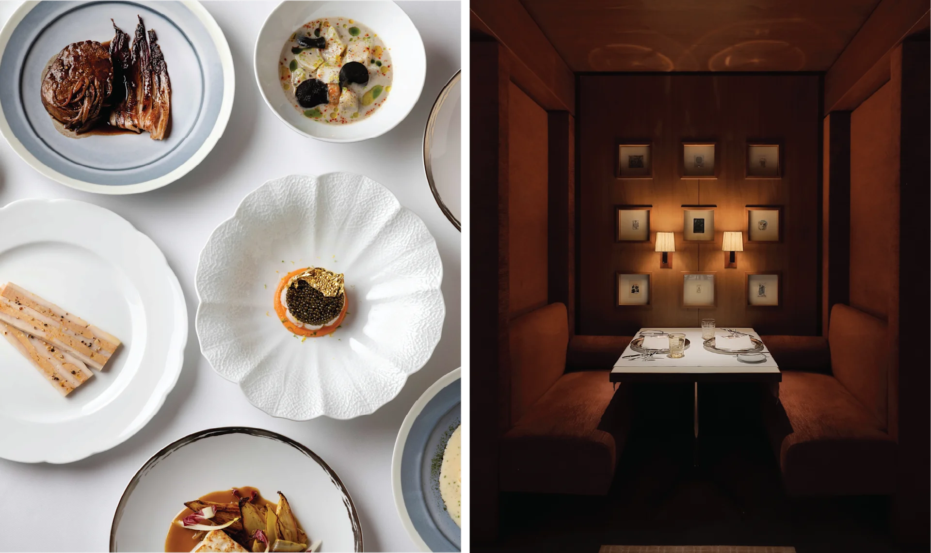 Split image featuring Girandole's elegant fine dining food spread on the left and an intimate wood-paneled private dining room with soft ambient lighting on the right.