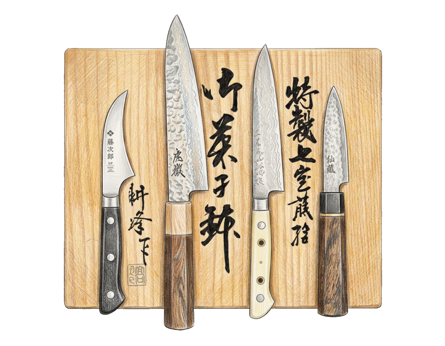 Illustration of Japanese kitchen knives on a calligraphed wooden board