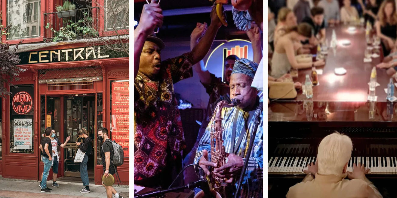 Photos of the bars Café Central, Tempo Club, and Toni 2 in Madrid, Spain.