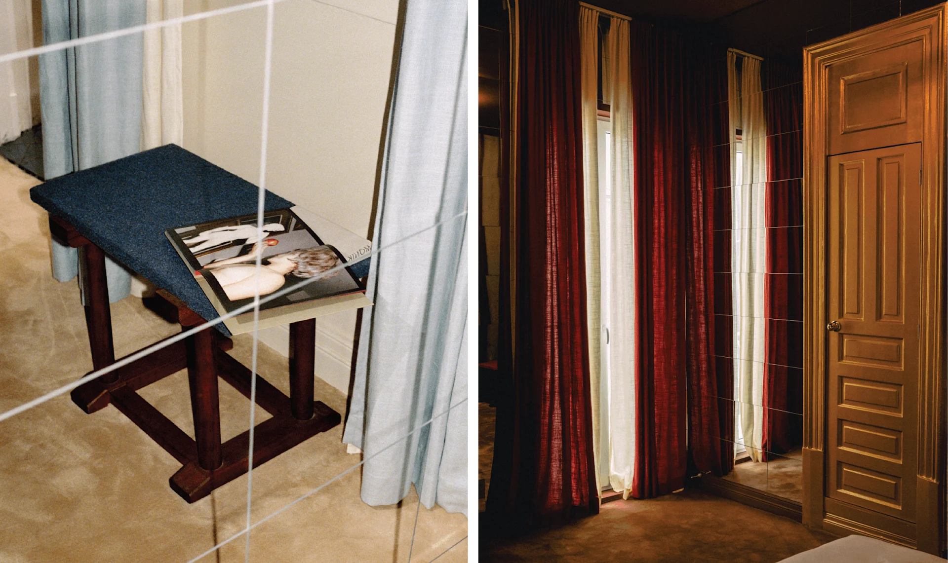 Left: Minimal wooden side table with books beside pale curtains. Right: Tall windows framed by deep burgundy curtains and warm ambient lighting.