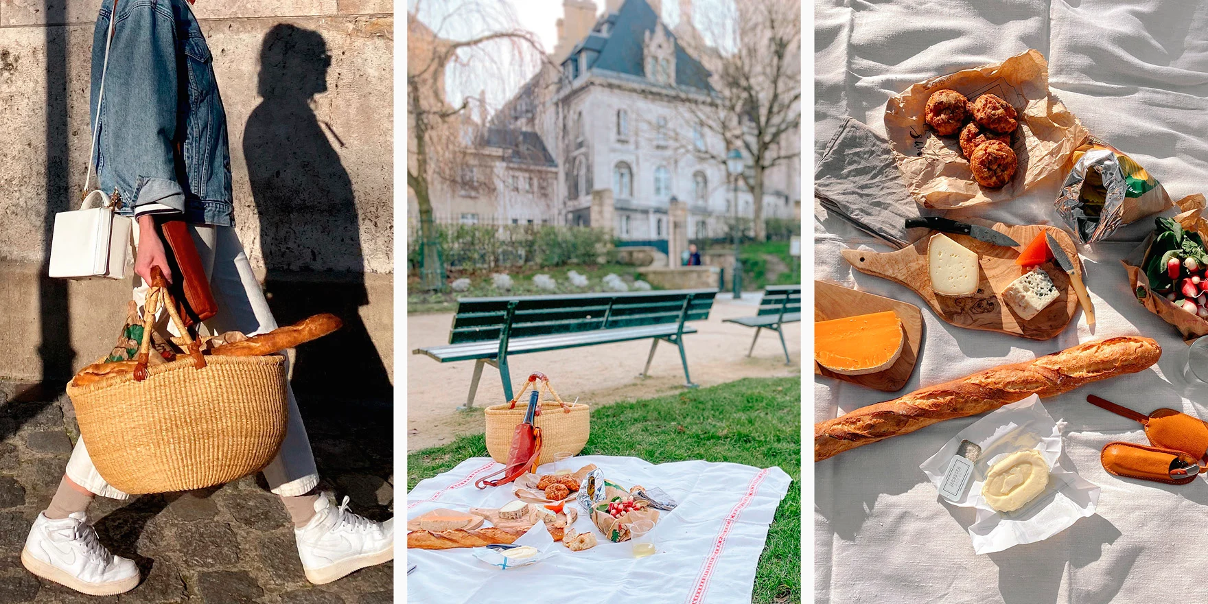 Photos of Parisian Picnic spreads and baskets.