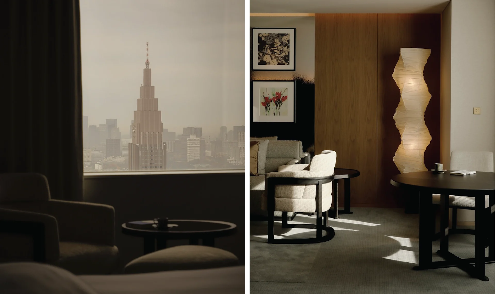 Split image showing a hazy skyline view from a guest room window on the left and a warm, minimalist suite interior with sculptural lighting and lounge seating on the right.