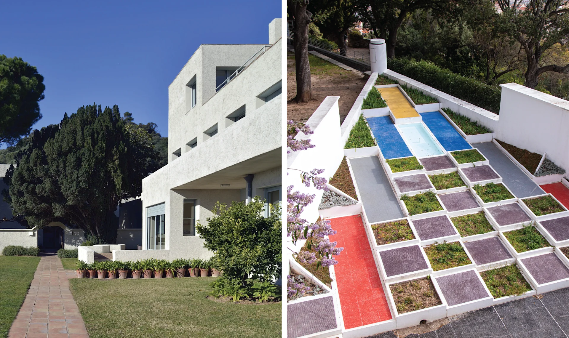 Split image showing a modern white Villa Noailles surrounded by greenery on the left, and a geometric multicolored tiled garden terrace with planted sections on the right.