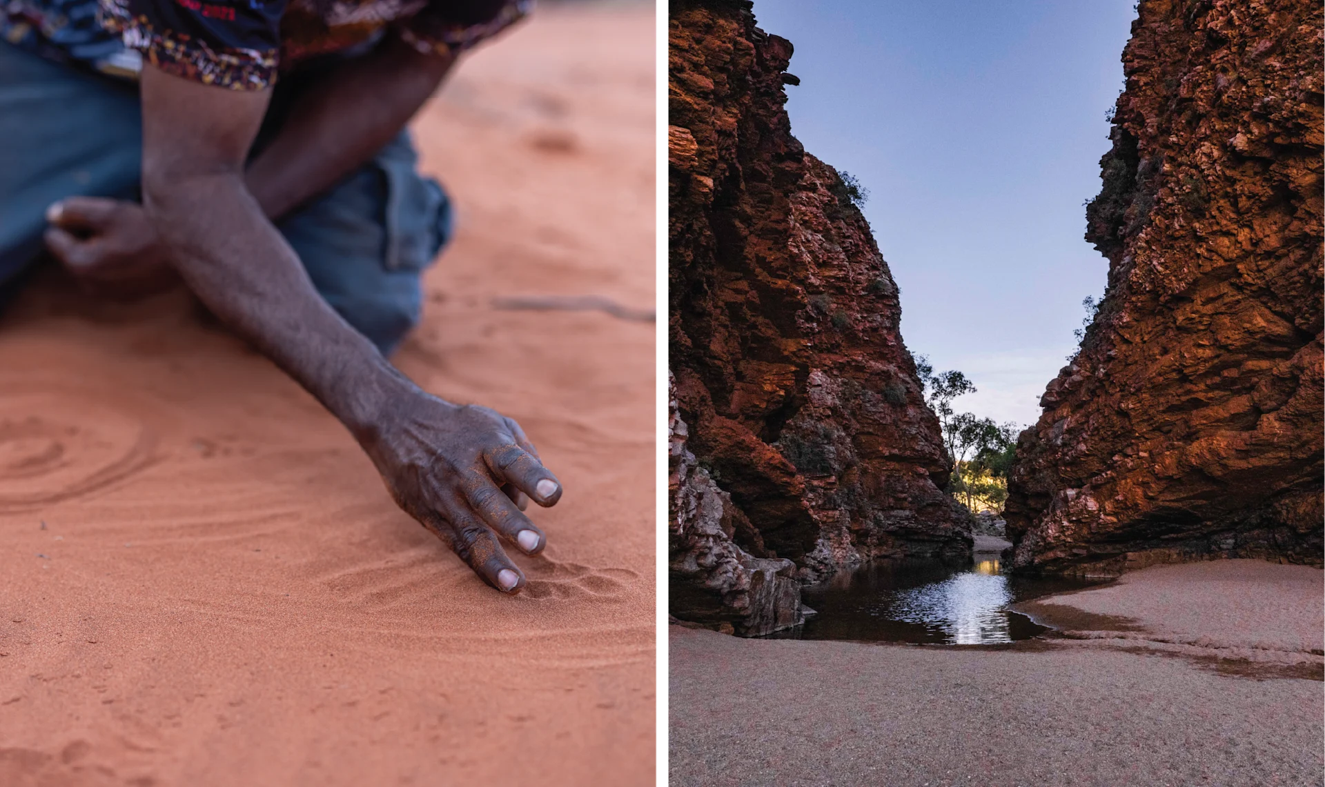 Anangu guide explaining the landscape (courtesy Tasmanian Walking Company) — A waterhole burbling up through the parched soil