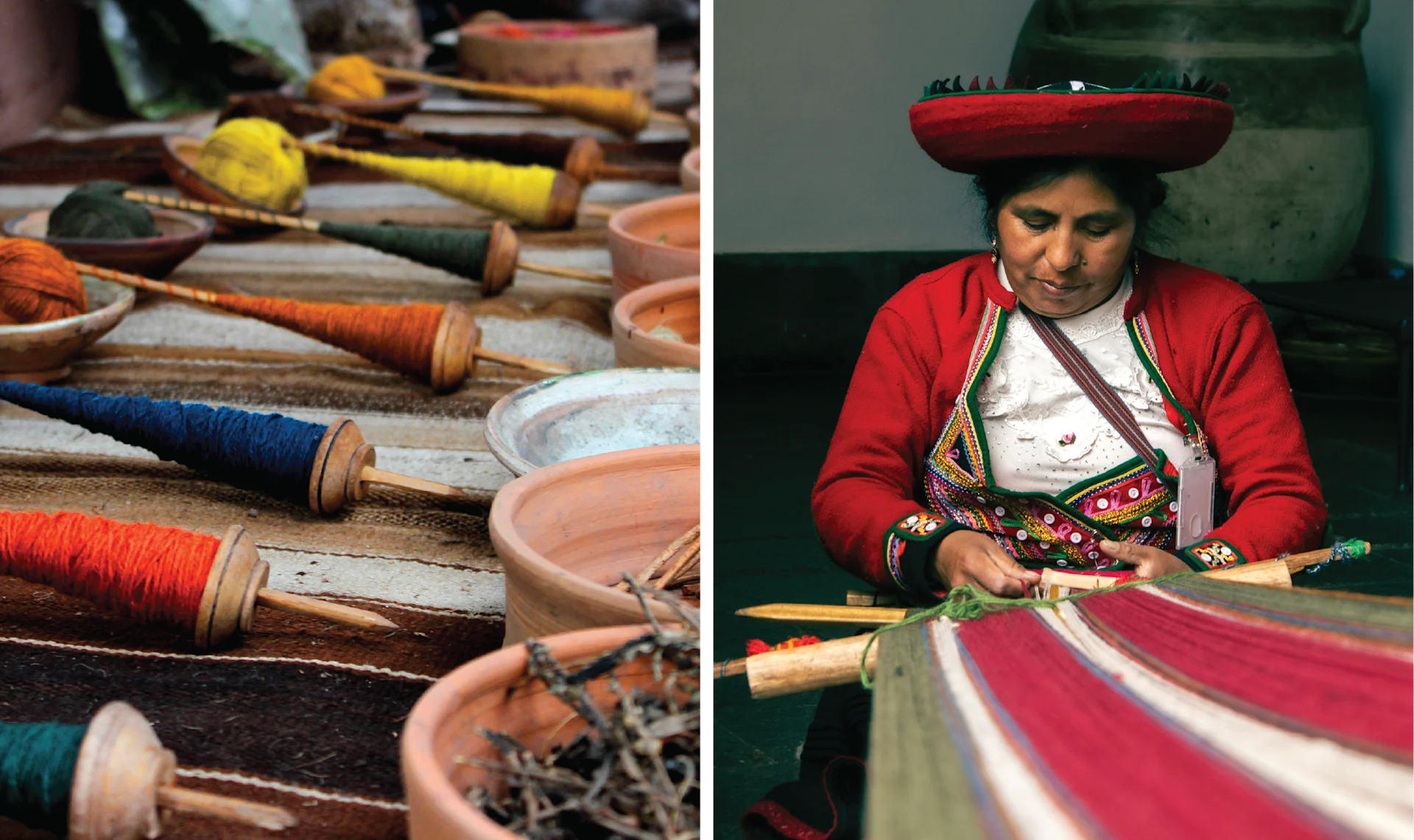 Collage showing traditional Peruvian textile craftsmanship, with colorful yarn spools, natural dye materials, and a woman weaving vibrant striped fabric on a loom while wearing traditional Andean dress.