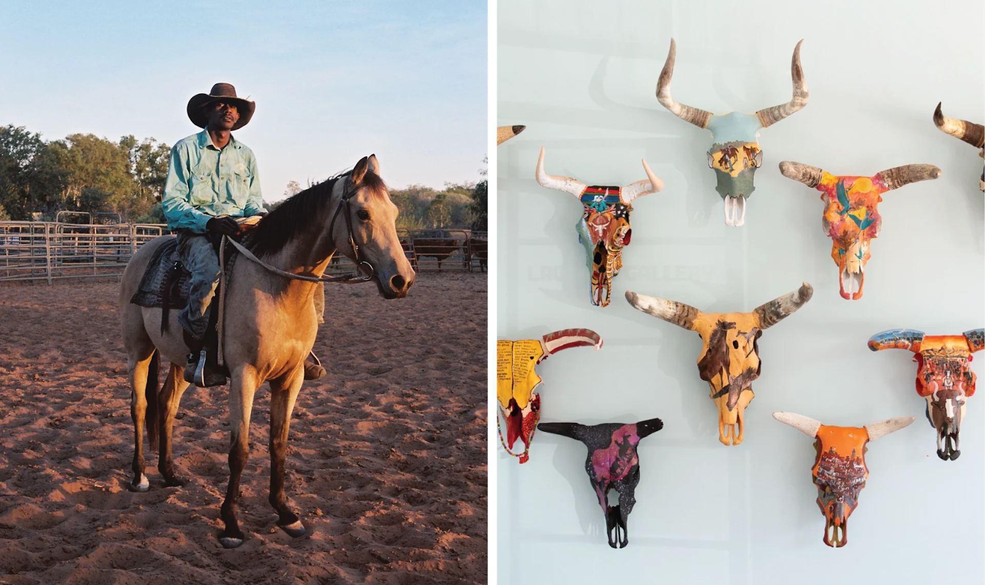 Diptych showing an Indigenous stockman on horseback and a wall display of brightly painted animal skulls