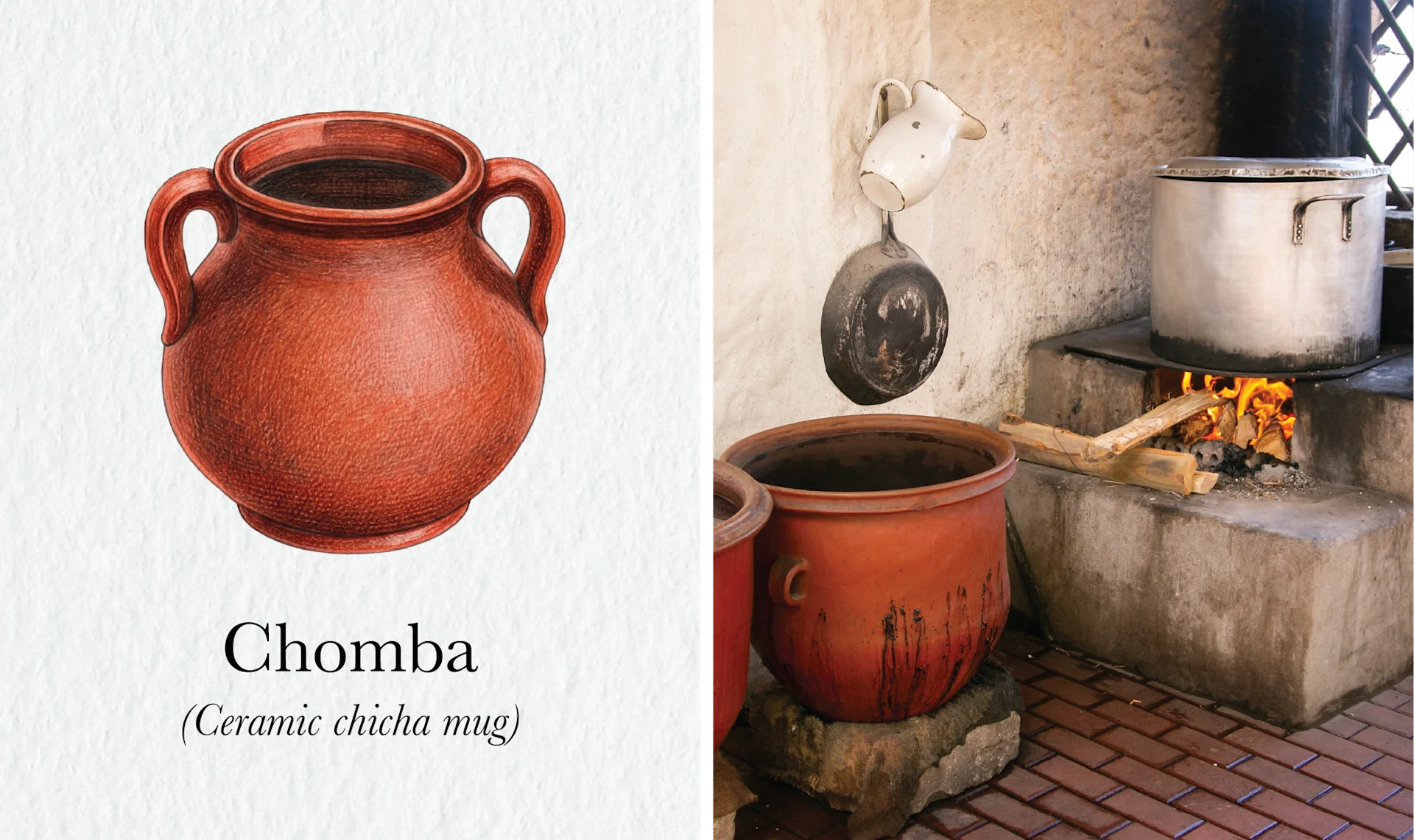 The Fire Still Burns in Peru’s Picanterías < Gallery 1 < Slide 1 < Image Watercolor of a chomba, the ceramic jug used for chicha, beside a photograph of one warming by a wood-fired stove.