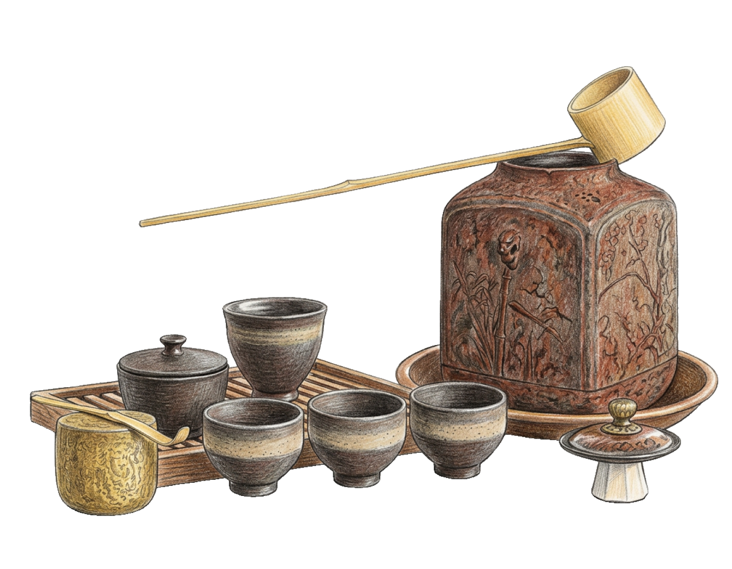 Illustration of a Japanese tea set with cups, kettle and ladle