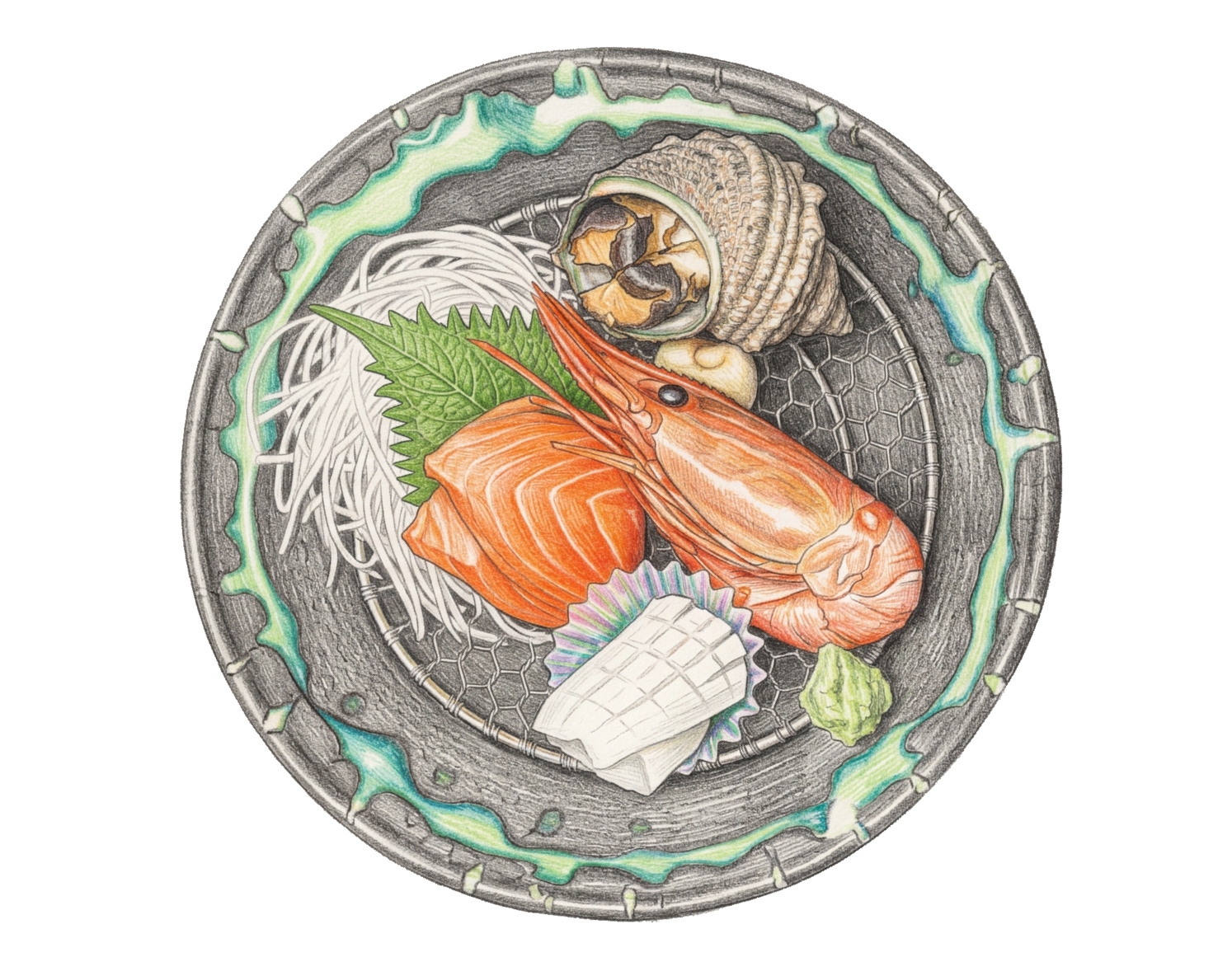 Illustration of a sashimi plate with shrimp, salmon and shellfish