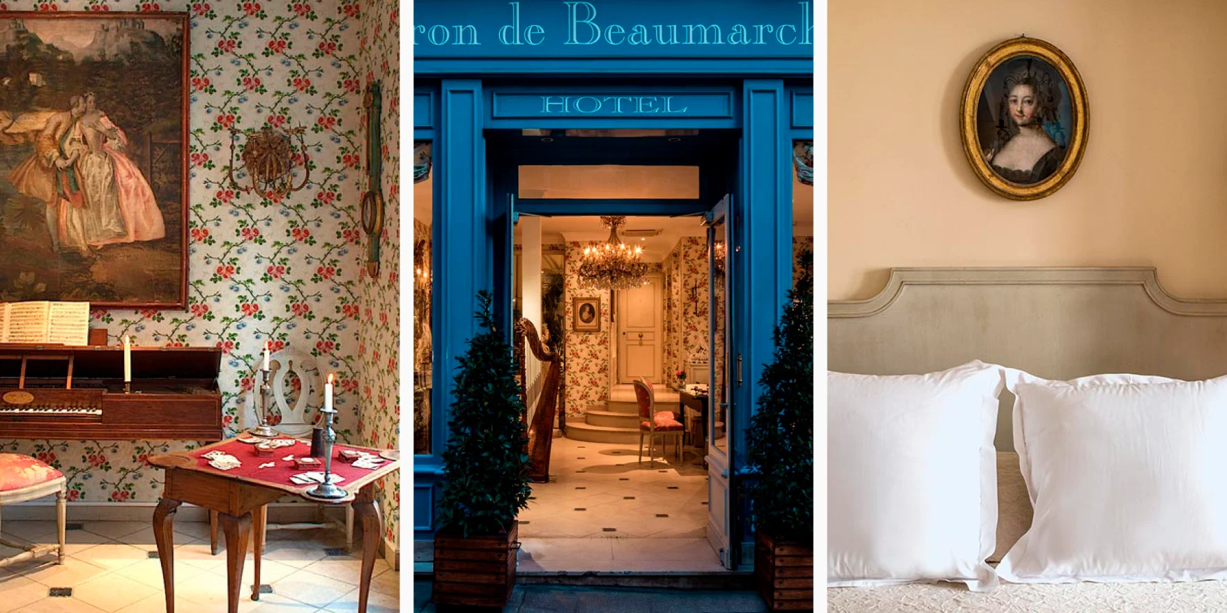Lobby, facade, and room interior courtesy of affordable Parisian hotel Caron de Beaumarchais