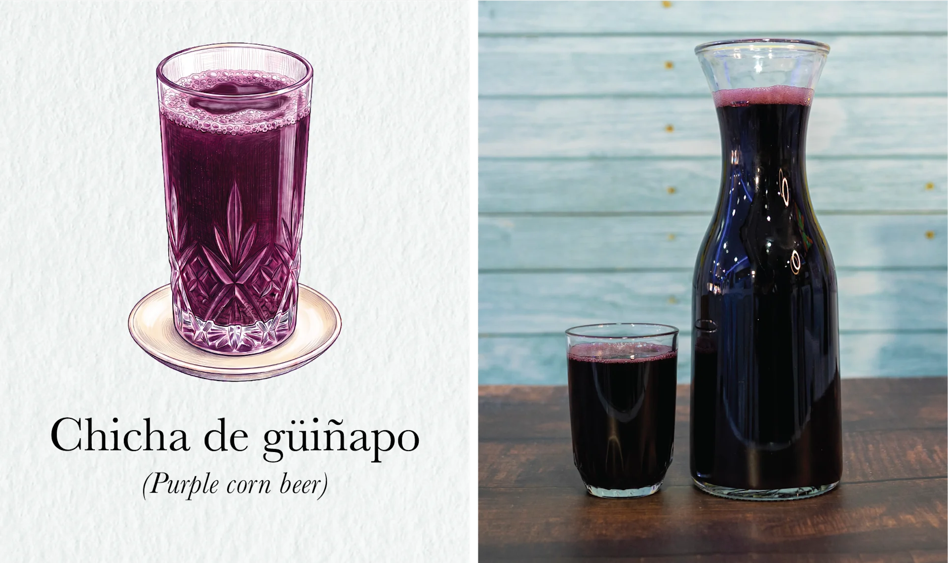The Fire Still Burns in Peru’s Picanterías < Gallery 3 < Slide 2 < Image Watercolor of a glass of chicha de guinapo beside a photograph of the purple corn beer in a carafe and glass.