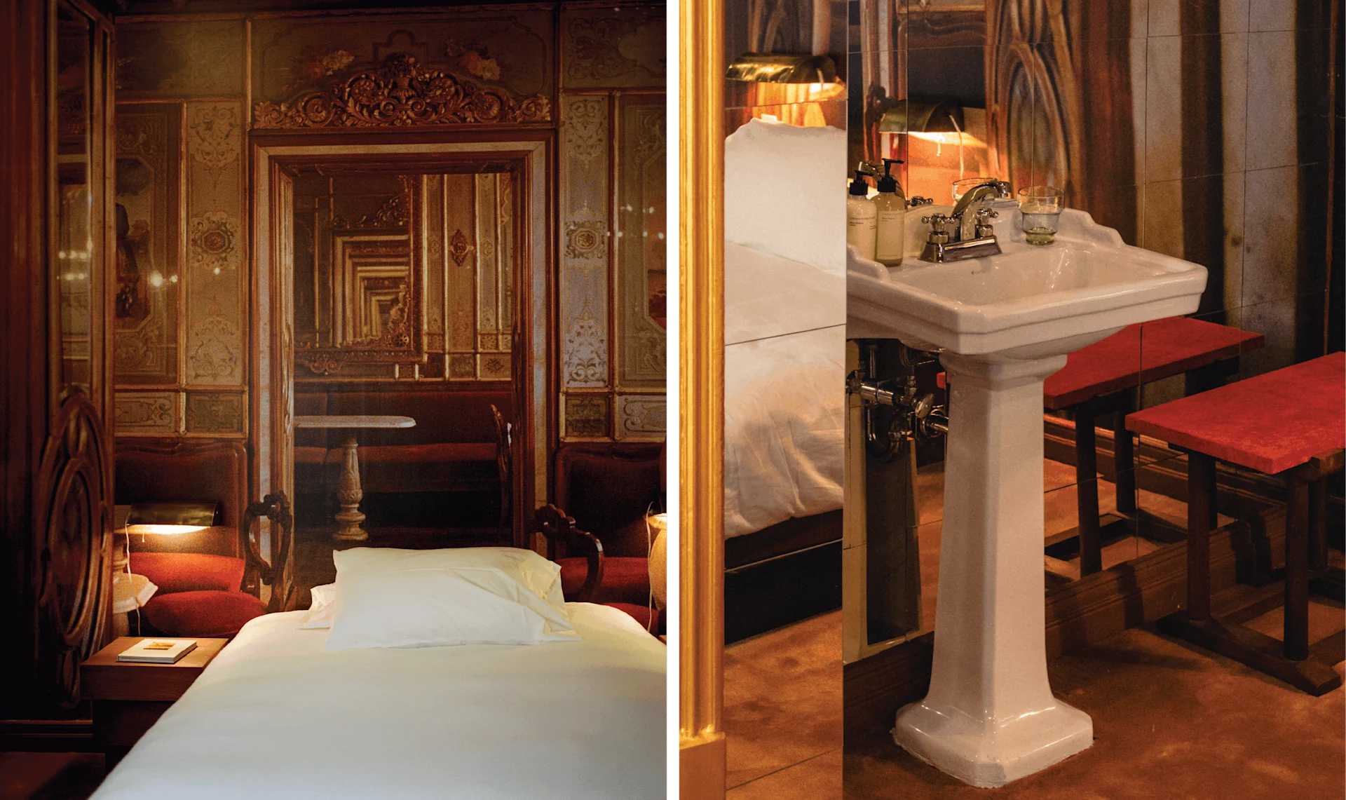 Left: Ornate bedroom with carved wood paneling, layered mirrors, and soft lighting. Right: Marble sink and red stools beside a mirrored wall in a richly detailed interior.