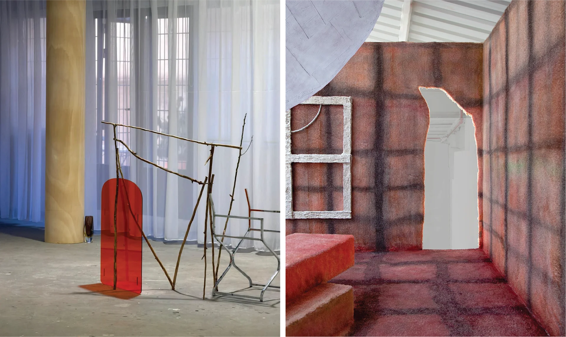 Contemporary sculptural installation made of metal rods and translucent colored panels displayed in a gallery space with sheer curtains. Immersive art installation with textured walls and a tall sculptural doorway lit by natural light in a gallery setting.