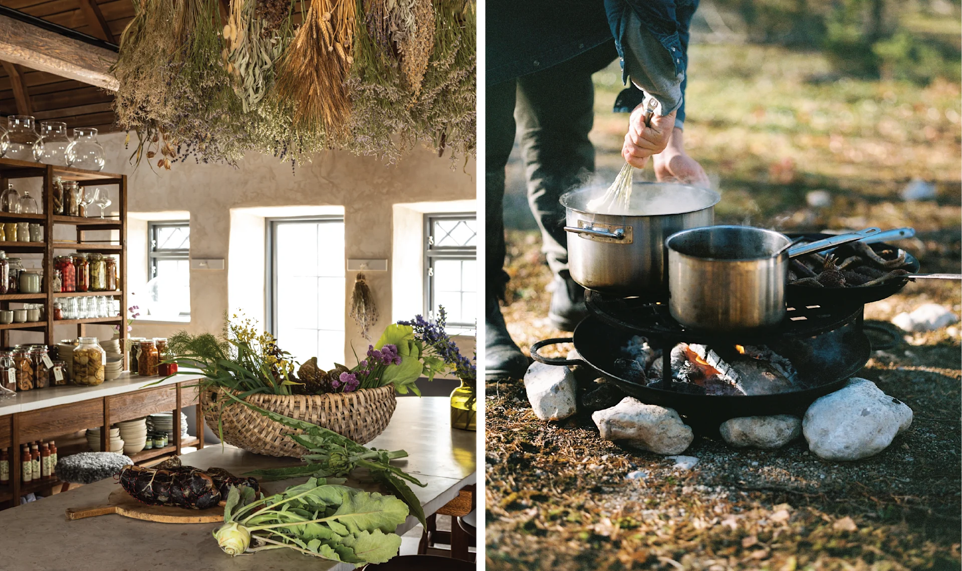 Left: Outdoor dining table set in a forest clearing surrounded by pine trees. Right: Close-up of hands plating a rustic meal on dark ceramic dishes.