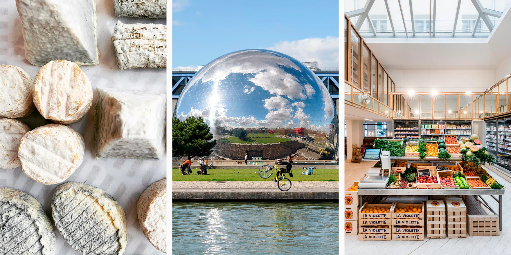 Photos of Parisian Picnic Cheese, the picnic spot Canal De L'ourcq at La Villenette, and the shop Maison Plisson