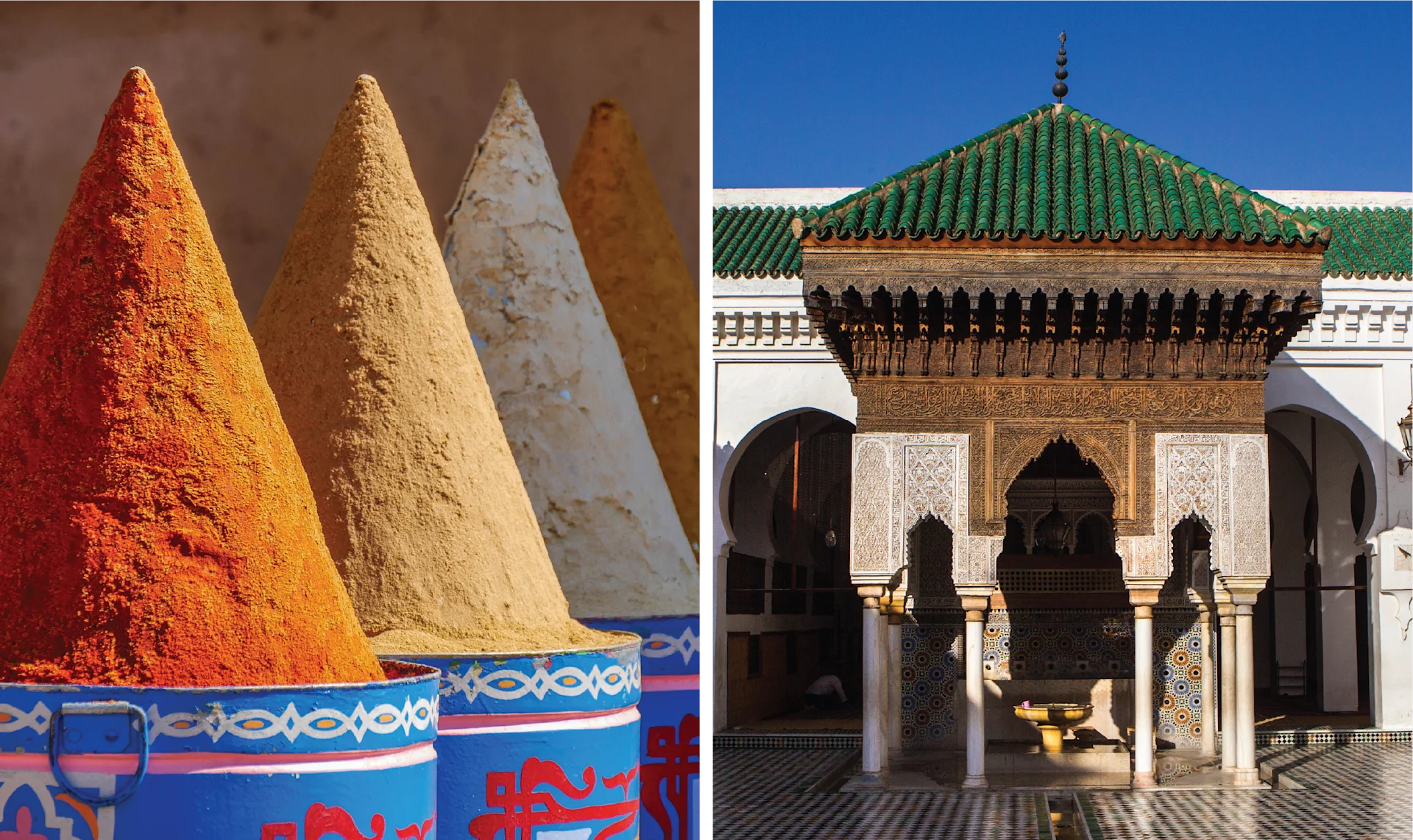Close-up of colorful spices displayed in a Moroccan market, paired with an exterior view of the University of al-Qarawiyyin.