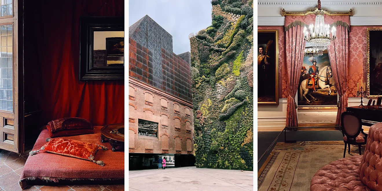 Photos of the Madrid museums Casa Museo Lope de Vega, Caixaforum and Museo del Romanticismo.