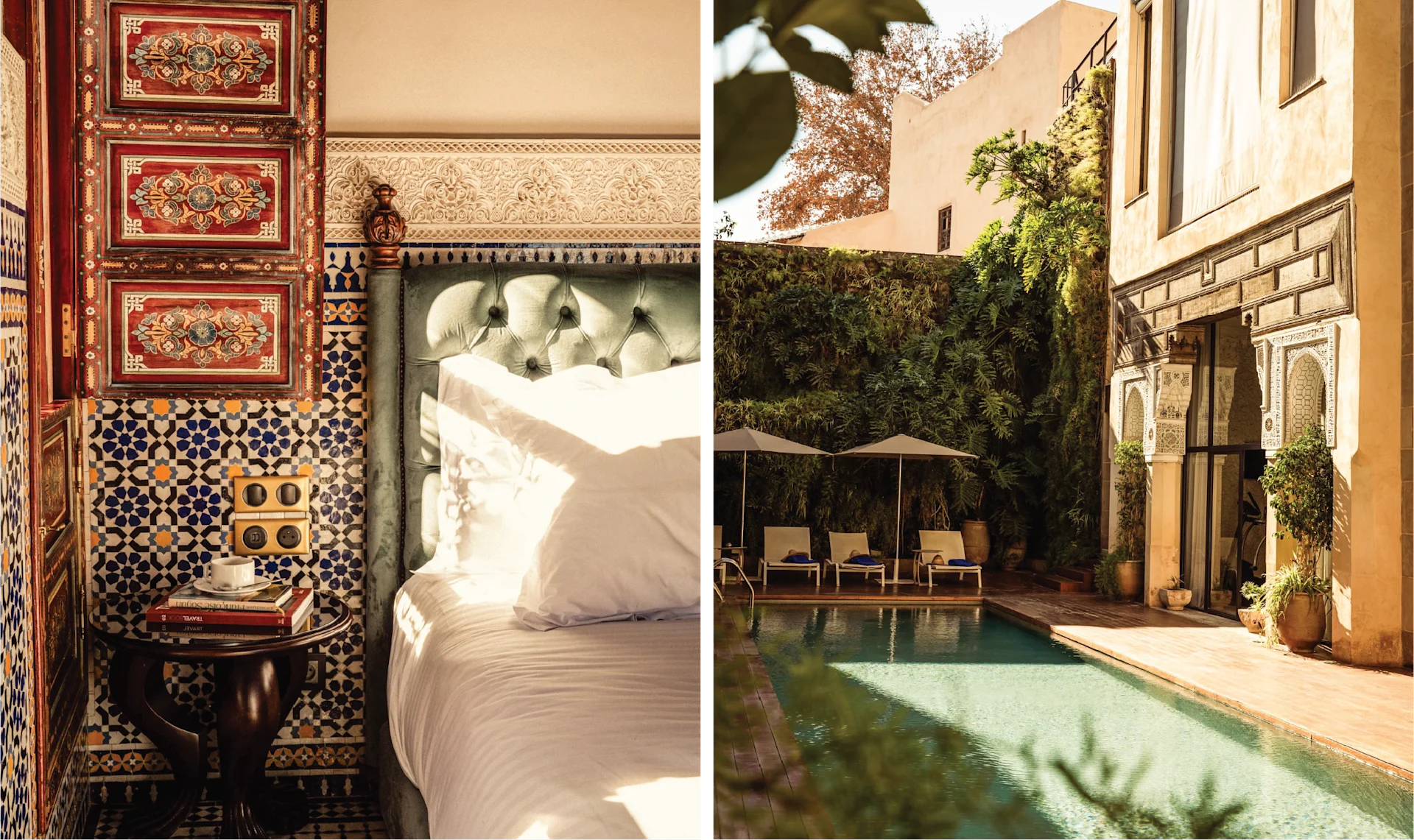 Elegant interior courtyard of Riad Fès, featuring traditional Moroccan architecture, zellige tiles, and a tranquil atmosphere.