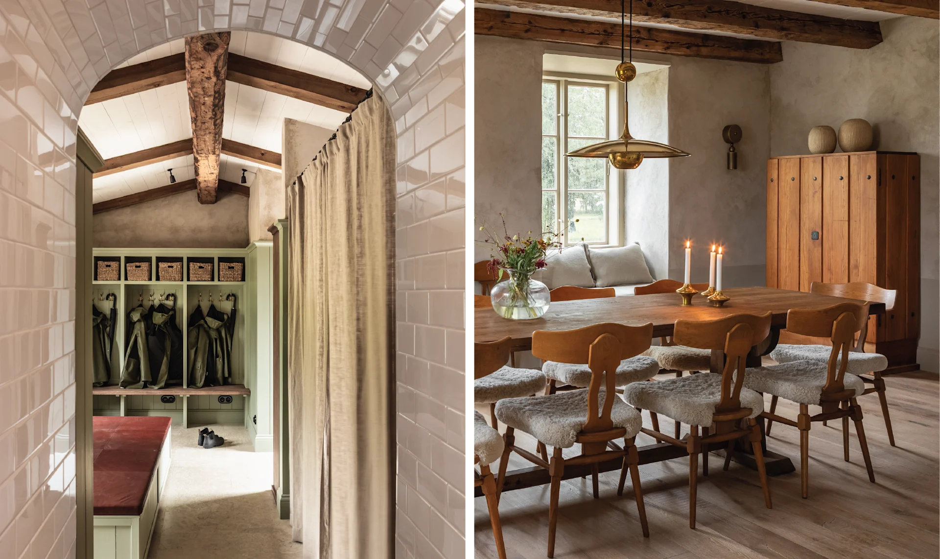 Left: Rustic tiled hallway with wooden ceiling beams, bench seating, and built-in storage. Right: Warm dining room with a long wooden table, sheepskin-covered chairs, and soft natural light.