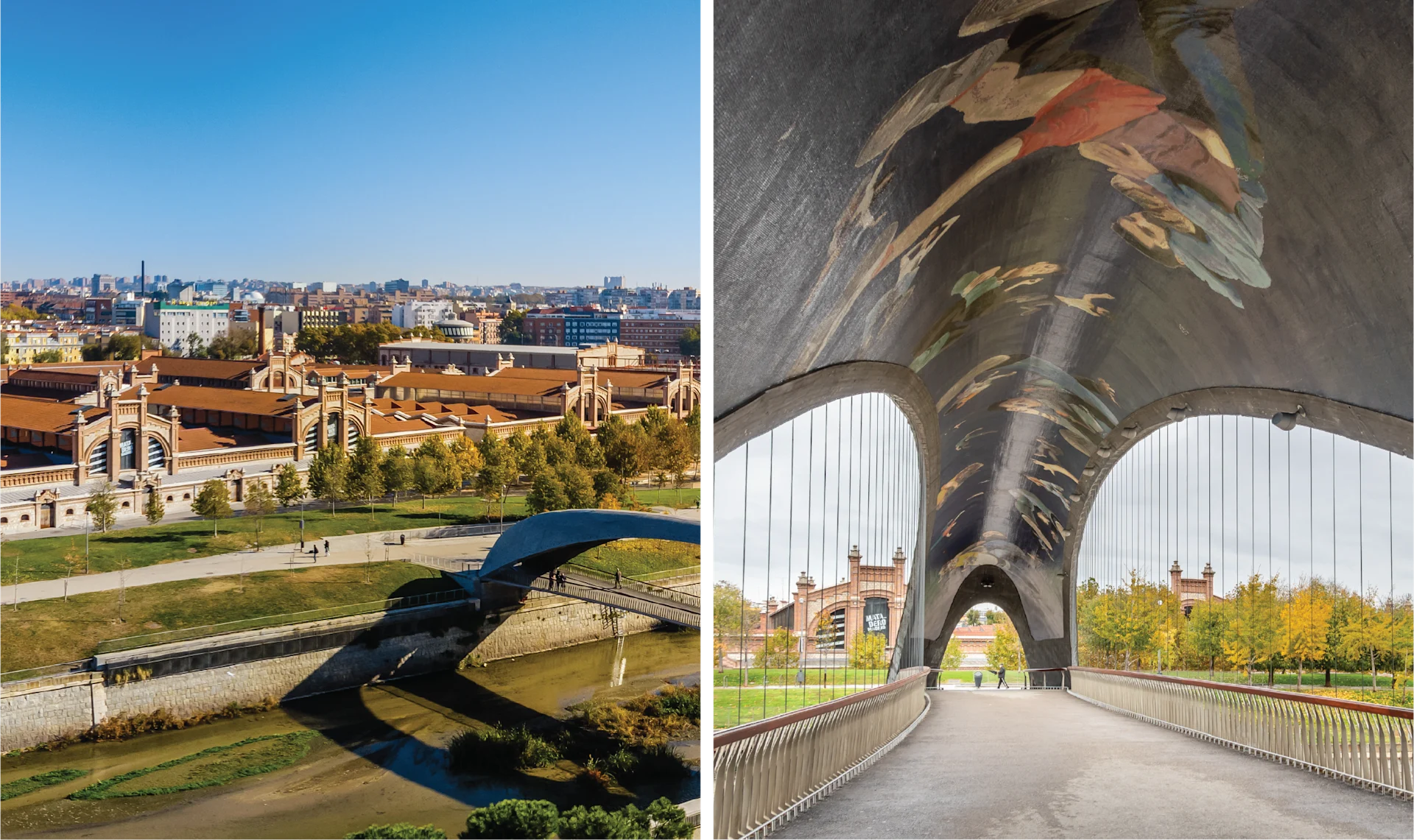 View of Madrid Río park with the Matadero Madrid cultural complex and a modern bridge crossing the Manzanares River.Interior view of a contemporary pedestrian bridge with a curved painted ceiling and large arched openings overlooking the river park.
