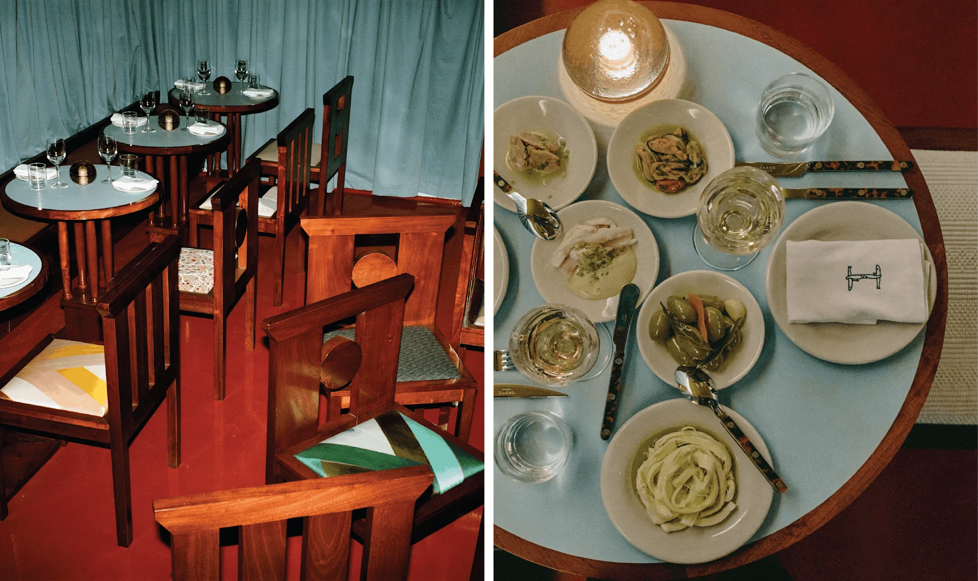 Left: Intimate dining area with sculptural wooden chairs and candlelit tables. Right: Overhead view of a carefully plated meal with small dishes and glassware on a round table.