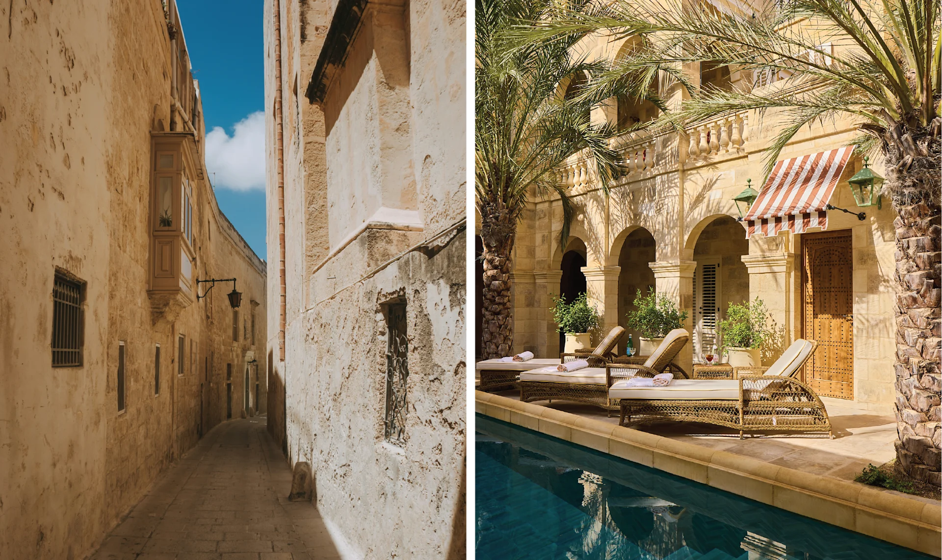 Historic limestone alley in Malta alongside the tranquil pool courtyard of Casa Bonavita, surrounded by palm trees, arched colonnades, and sun loungers.