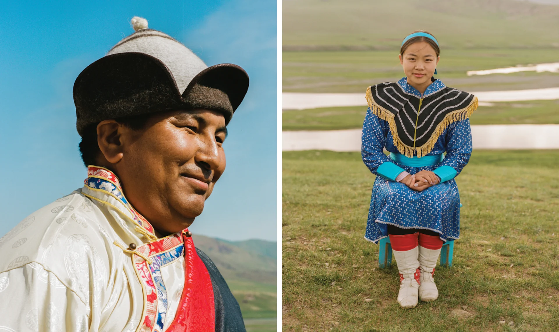 Close-up of layered Mongolian dress featuring intricate patterns, rich fabrics, and traditional accessories