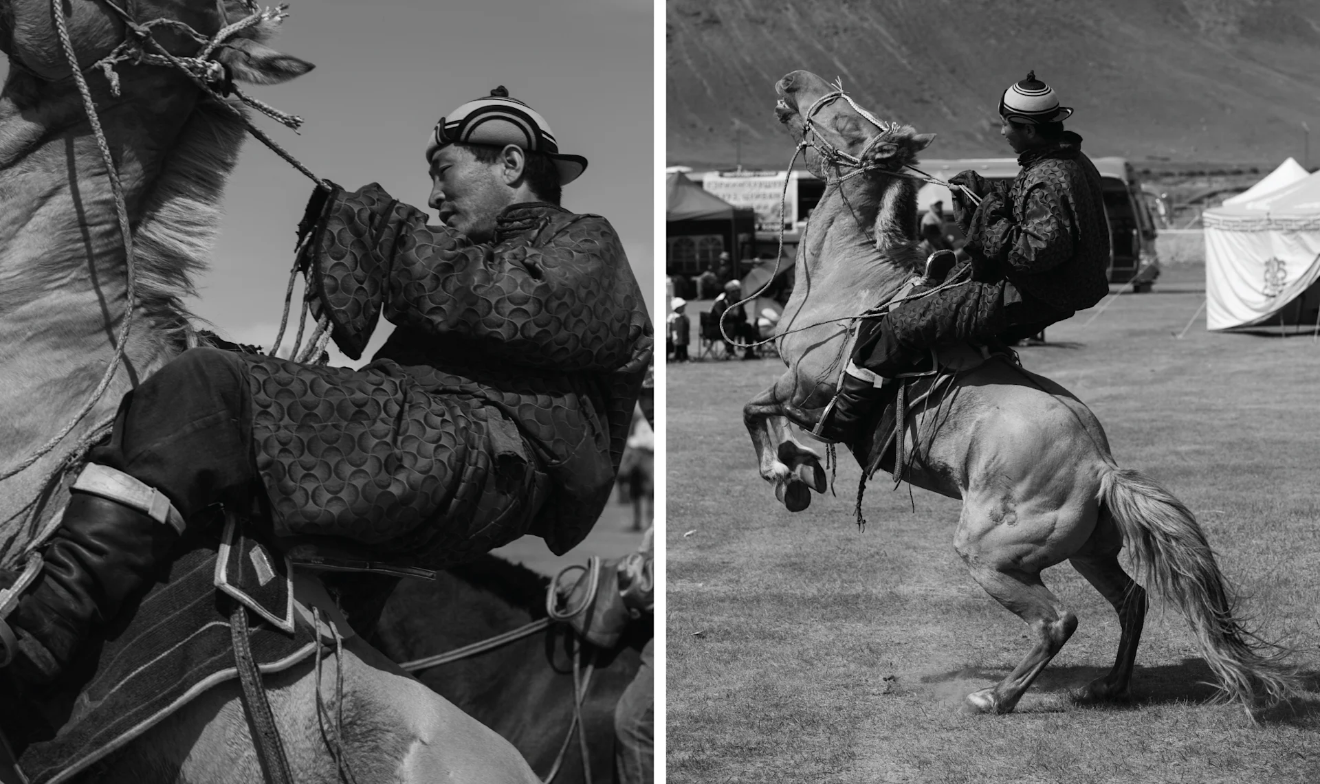 Mongolian horseman wearing a traditional del and high leather boots, standing proudly on the steppe