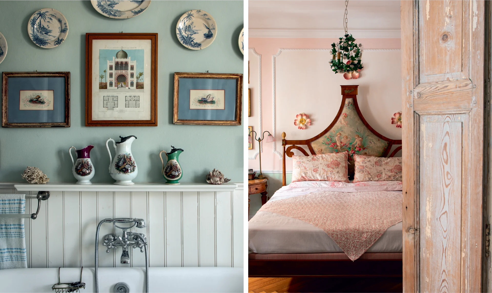 Vintage-inspired bathroom with blue walls, framed artwork, decorative ceramic plates, and a traditional bathtub with classic chrome fixtures. Romantic bedroom with a floral upholstered headboard, soft pink bedding, striped walls, and an antique wooden door partially open to the room.