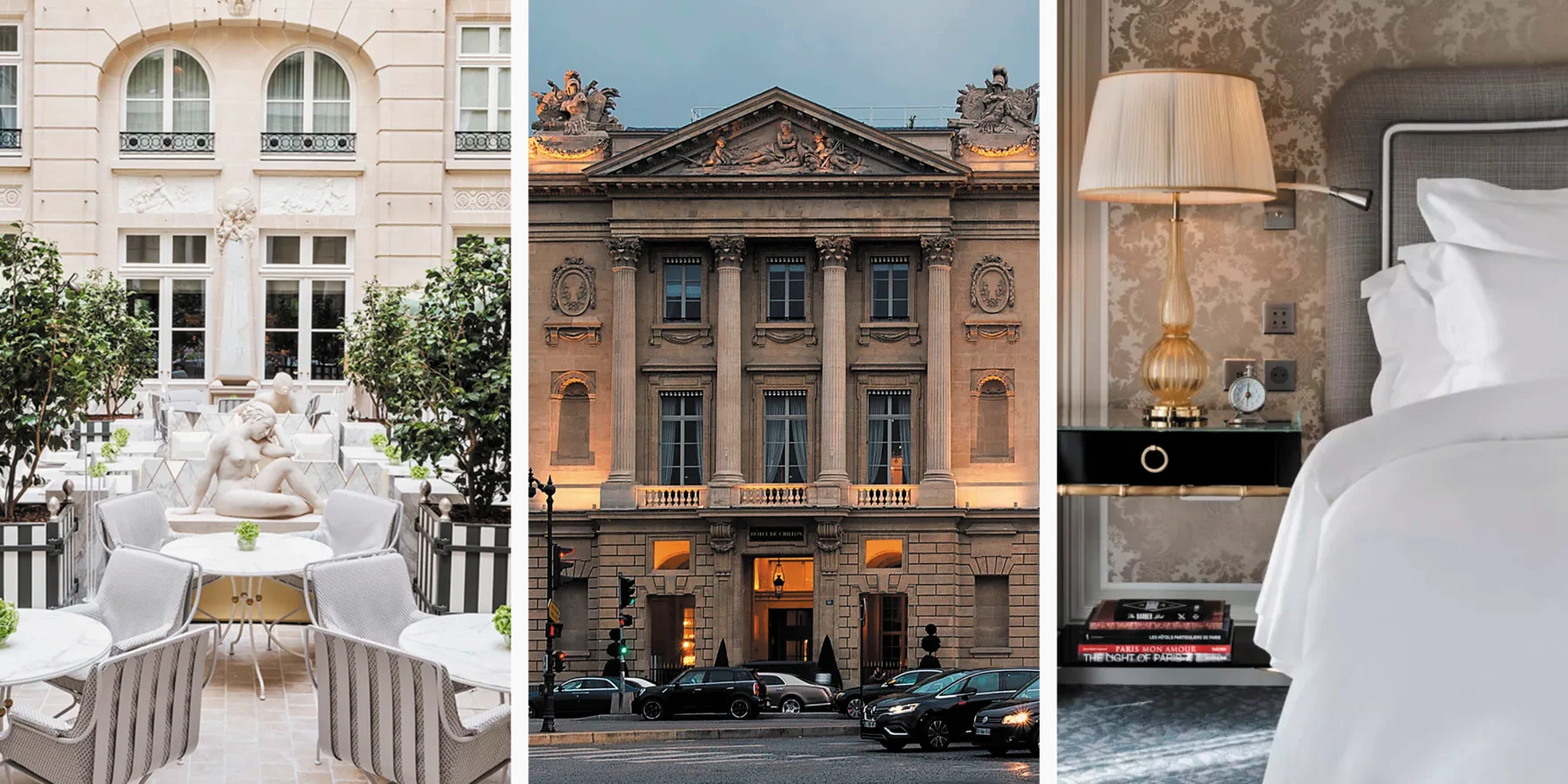 Courtyard, facade and room interior from the luxury hotel Hôtel de Crillon in paris france