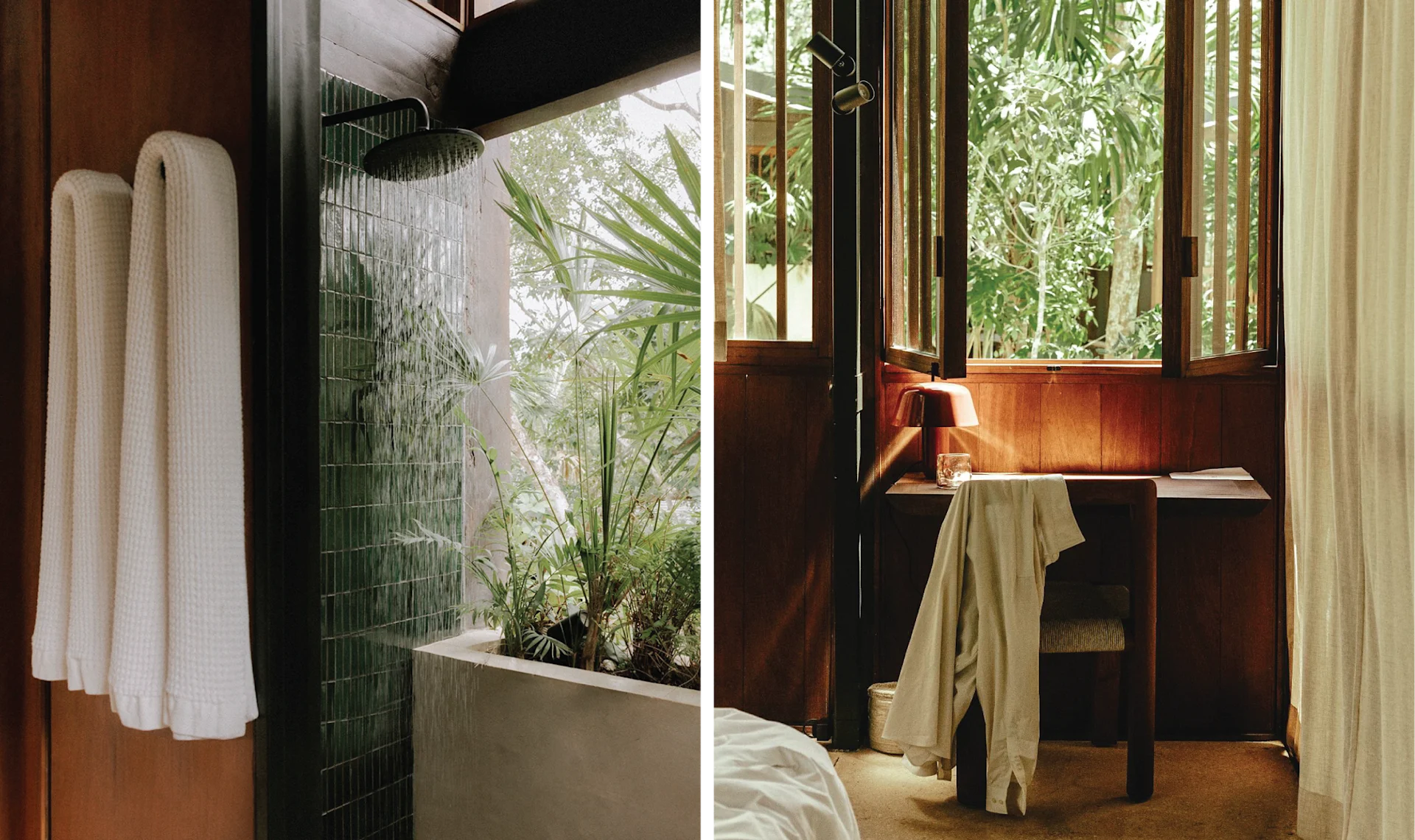 Minimalist room detail at Boca de Agua featuring natural textures and an open-air shower design