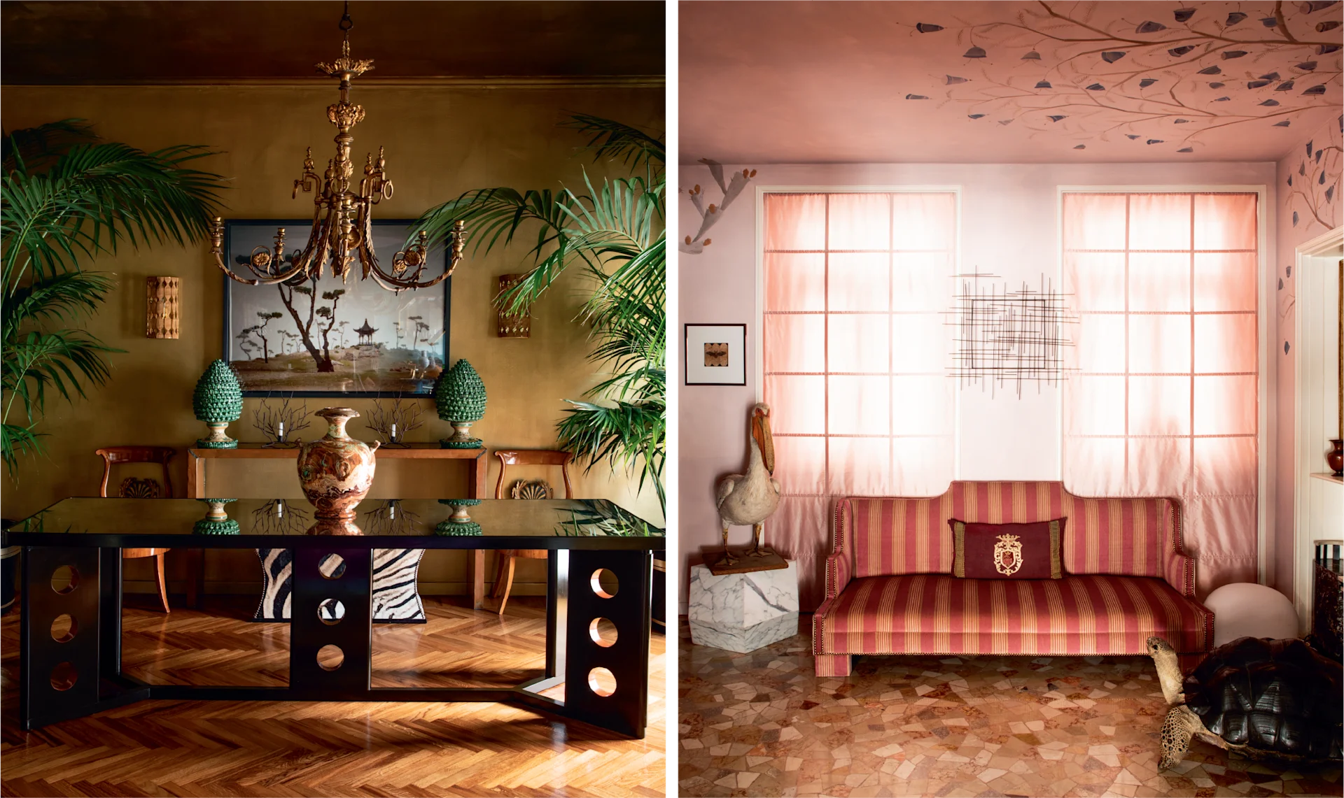 Elegant dining room with warm lighting, featuring a brass chandelier above a long wooden table decorated with turquoise vases and tropical plants. Soft pastel sitting room with sheer curtains filtering daylight, a red striped sofa, patterned ceiling, and parquet floor creating a calm, vintage atmosphere.