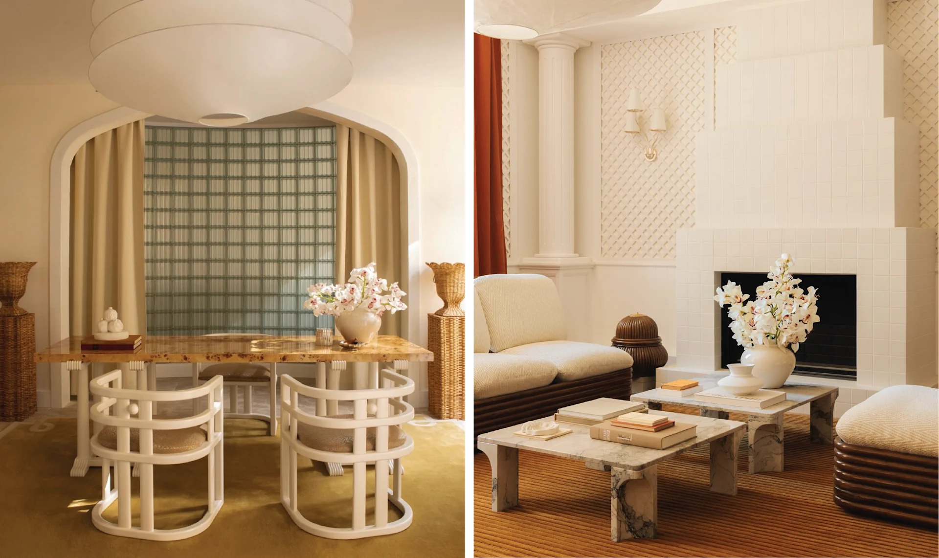 Split image featuring a warm neutral-toned dining room with sculptural wooden chairs on the left, and an elegant cream-colored living room with a fireplace and soft furnishings on the right within hotel Lilou.