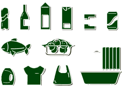 icones de vários produtos alimentares, roupa e banheira