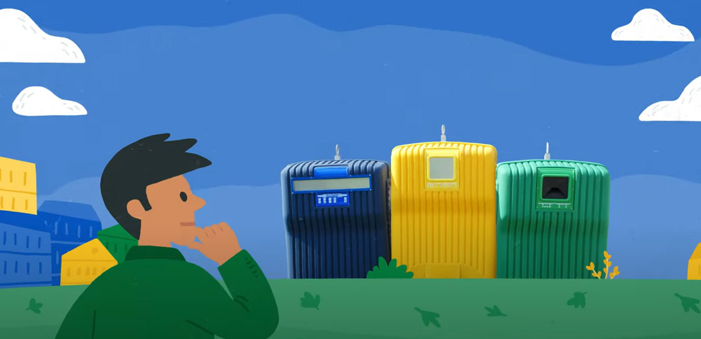 ilustração de homem a olhar para três contentores da reciclagem