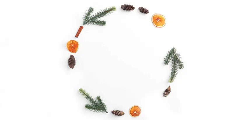 Círculo formado por pinhas, laranjas, pau de canela e ramos em forma de setas