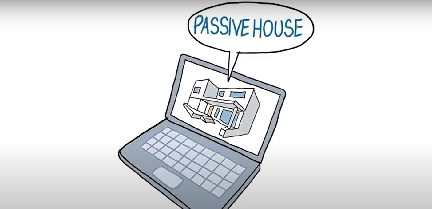 ilustração de um portátil com a imagem de uma casa passiva