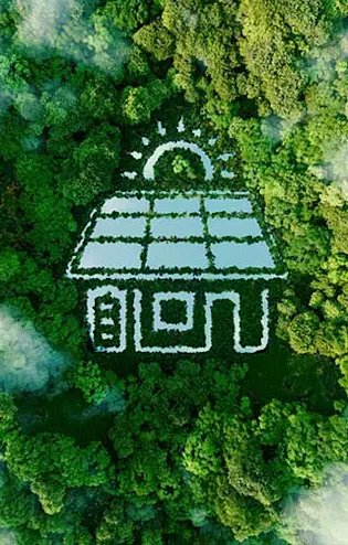 imagem aérea de árvores e casa com painel solar