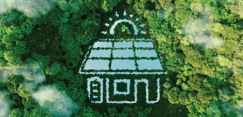 Casa com painel fotovoltaico desenhada na floresta