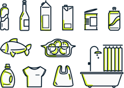 ilustração de vários produtos alimentares, roupa e banheira