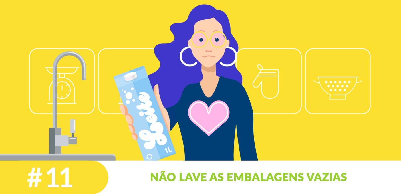 Ilustração de mulher com cabelo azul a lavar uma embalagem