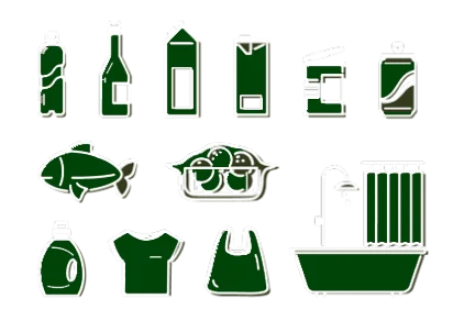 vários icones de produtos alimentares, roupa e banheira