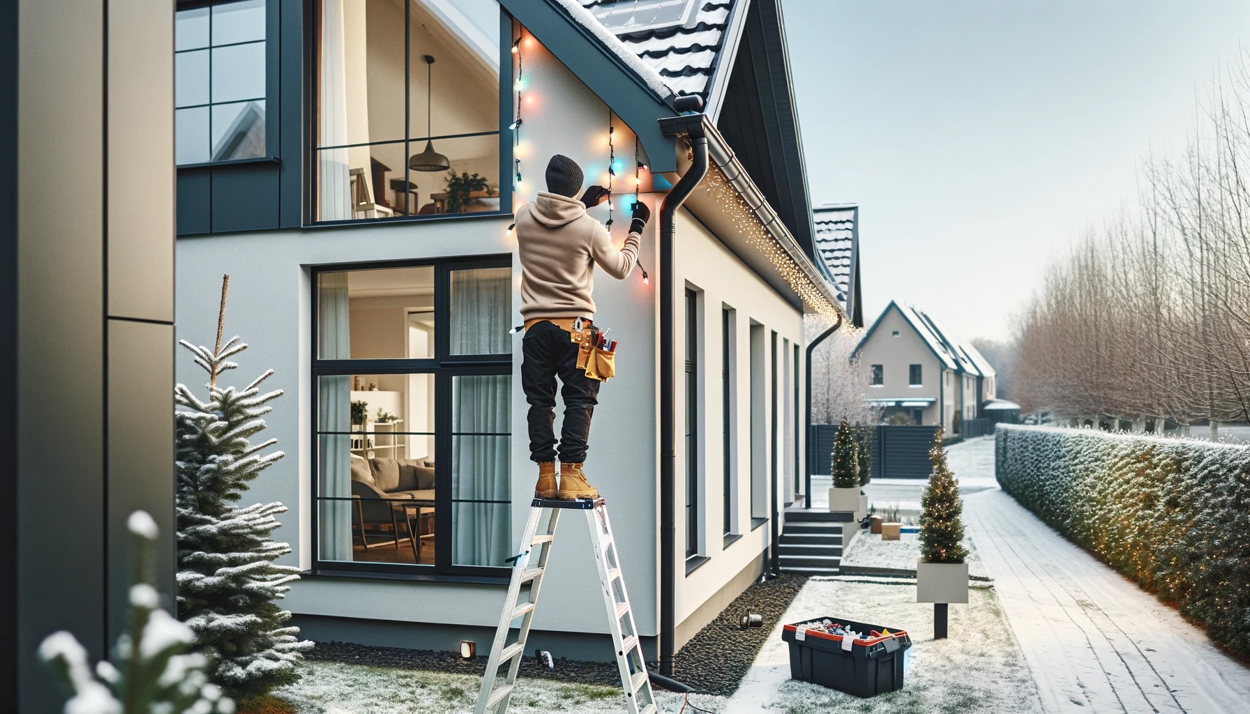 Get The Perfect Holiday Look Professional Christmas Lights Installation   DALL E 2023 11 27 16.03.42   A Modern Suburban Home With Clean Lines And Large Windows Is Situated In A Peaceful Neighborho 