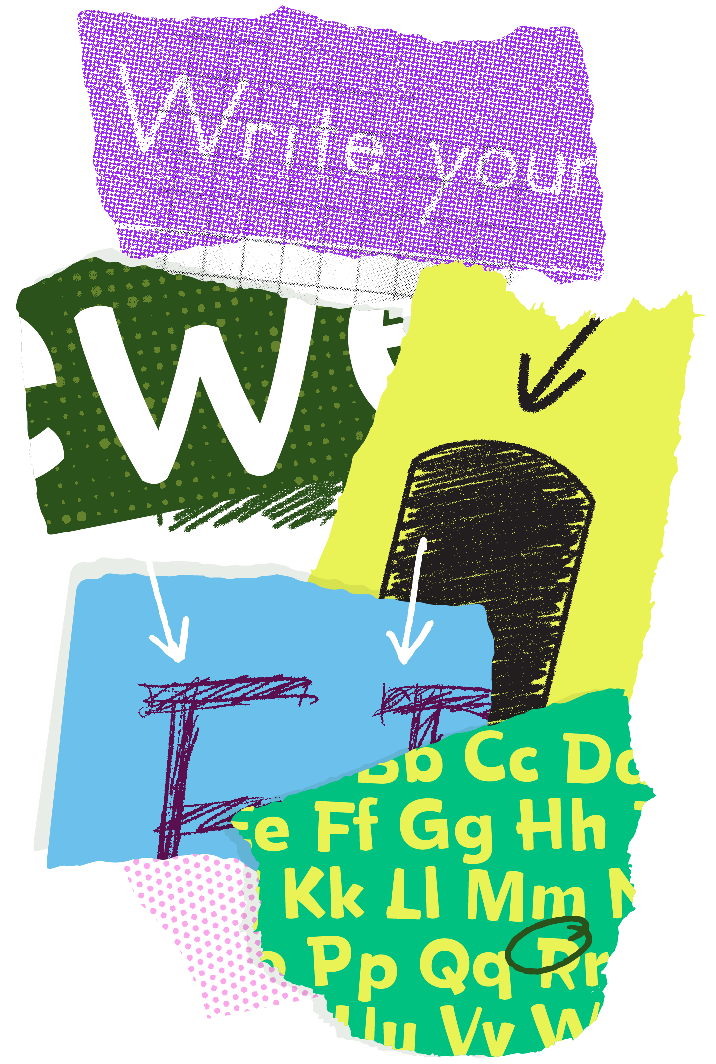 <b class="accent">FIG. 6 — </b> Top (purple): A writing exemplar, one of our early pieces of inspiration for Chia. Dark green: The slight bow in “w” adds a hand-drawn quality. Lime green: Danelle’s experimental sketch showing a domed termination. Blue: Riley’s sketch showing capital overhangs. Bottom (teal): Completed Chia alphabet.