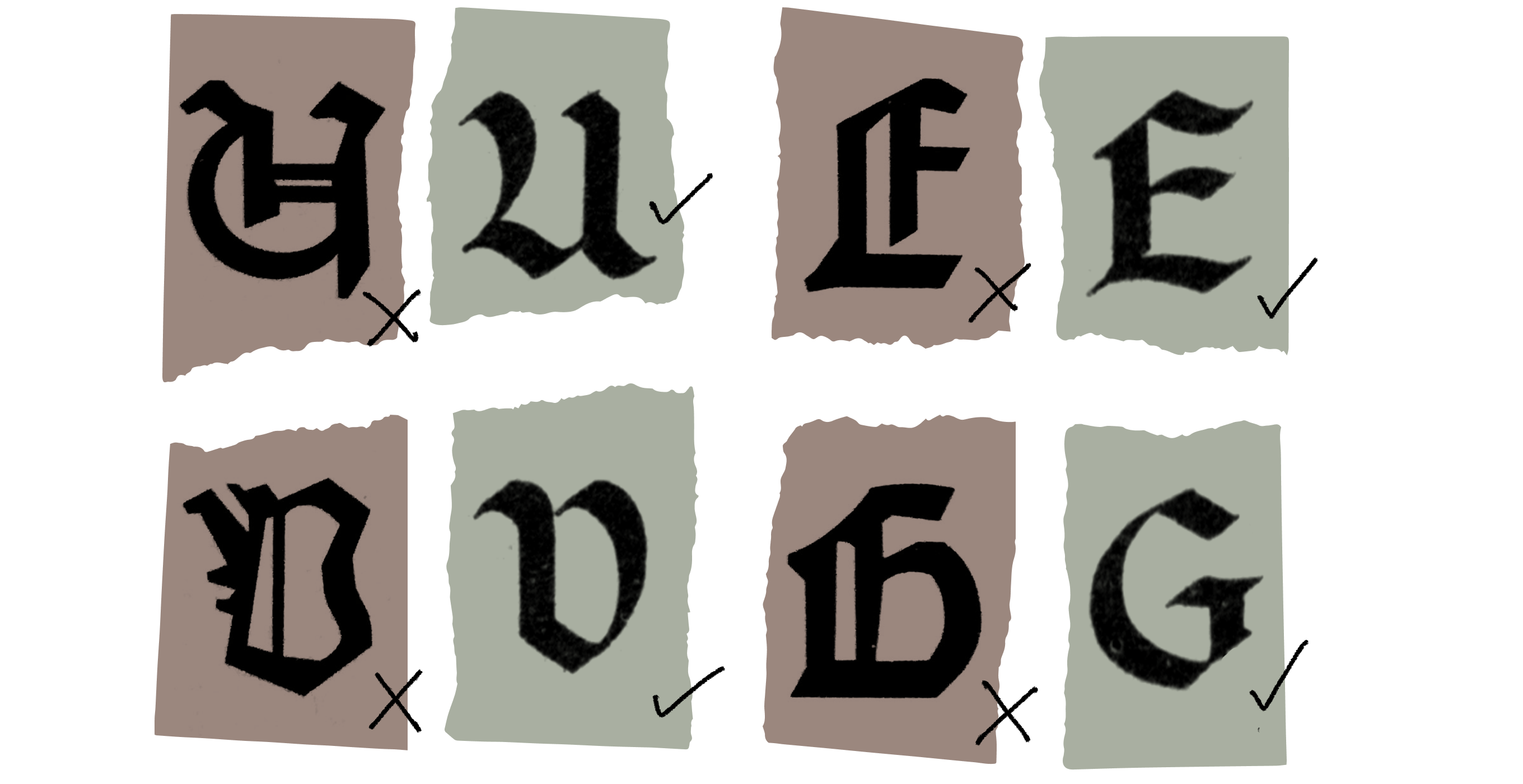 <b class="accent">FIG. 3 — </b> Comparison of Johannes Gutenberg (1455), digitized by Manfred Klein (1992, brown samples) from *Fraktur mon Amour* by Judith Schalansky (2006), and Ross F. George's Textura in the 13th Edition *Speedball Textbook* (1938, green samples).