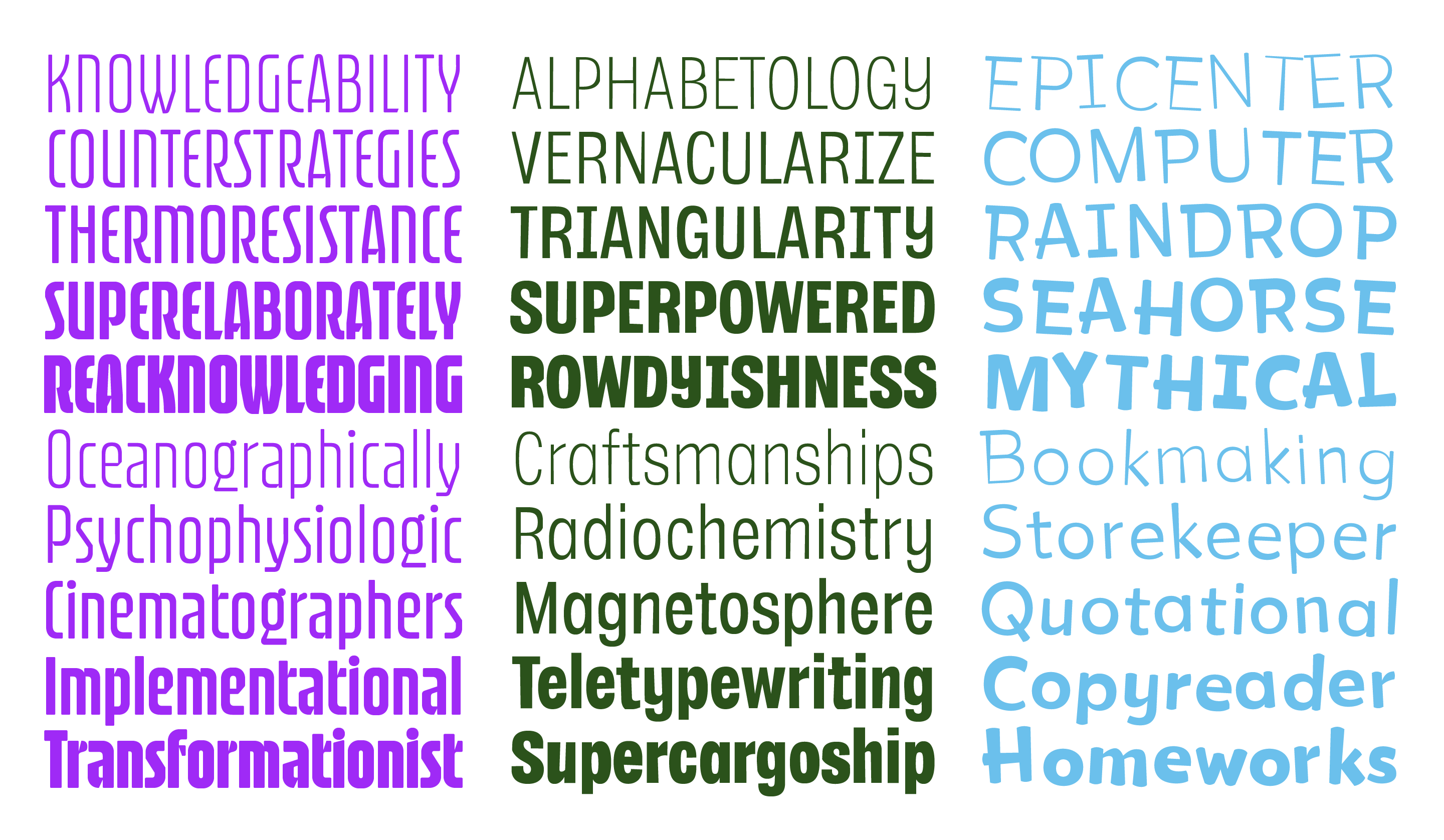 <b class="accent">FIG. 11 — </b> Completed Arundo (left), Savannah (middle),<br>and Chia (right) font families.